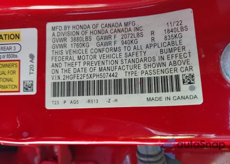 2023 Honda Civic Sport z USA, uszkodzony, nr VIN 2HGFE2F5XPH507442